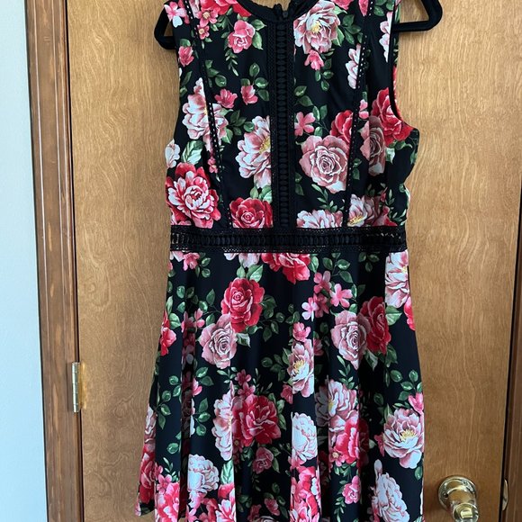 Juniors Floral Skater Dress XL Illusion Waist Black Red Pink Sleeveless Crewneck - Picture 2 of 7